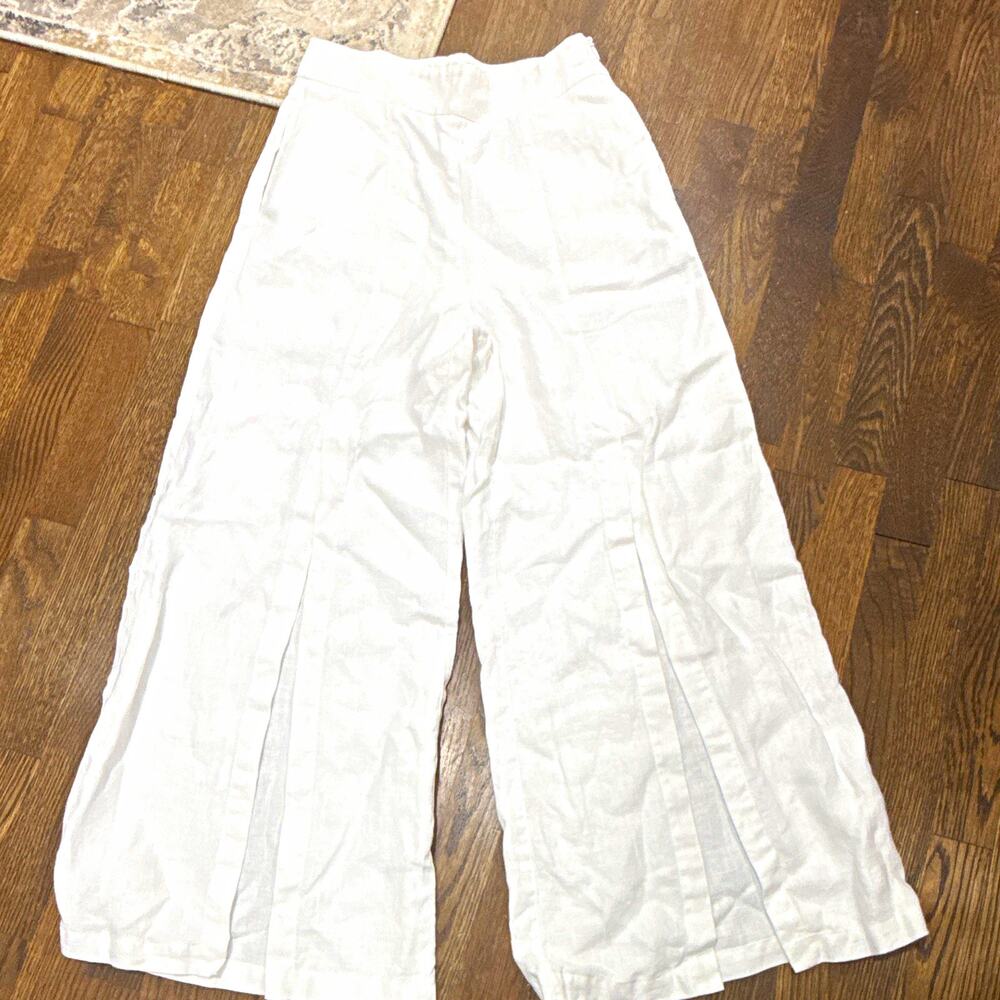 Tyler Böe Women’s White Solid Linen Wide-Leg Pants Flat Front Size S Regular